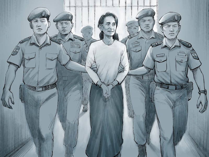 နေပြည်တော်တွင် အကျဉ်းကျခံနေရသည့် ဒေါ်အောင်ဆန်းစုကြည်ပုံကို သားဖြစ်သူ ကင်မ်အဲရစ်၊ အကျဉ်းထောင်မှလွတ်လာသည့် ရှောင်တာနဲလ်တို့နှင့် တွေ့ဆုံမေးမြန်းမှုအပေါ် အခြေခံကာ သရုပ်ဖော်ထားသည့်ပုံ။ (Illustration of Rebel Pepper/RFA)