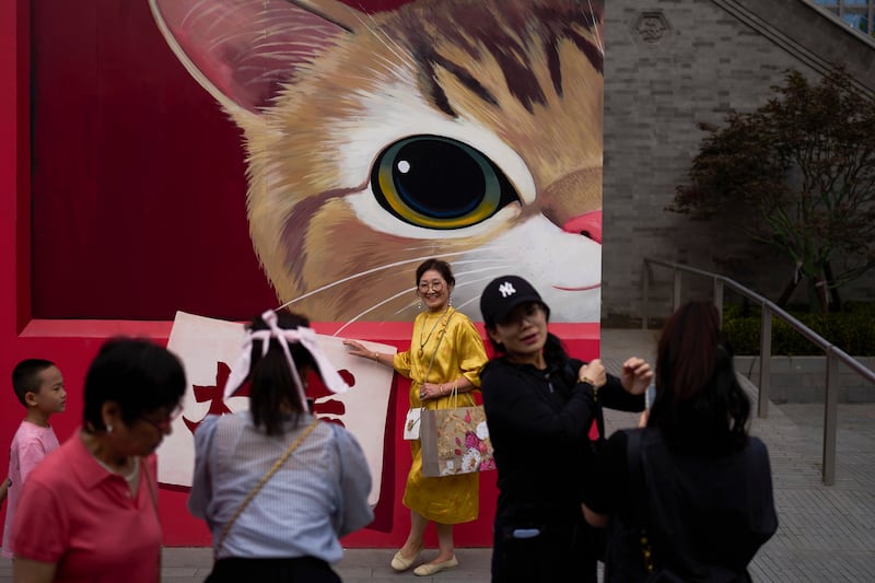 A woman poses for a souvenir picture with a cat mural as shoppers tour a newly opened courtyard-style outdoor shopping mall during a Duanwu Festival holiday, in Beijing, June 1, 2025.
