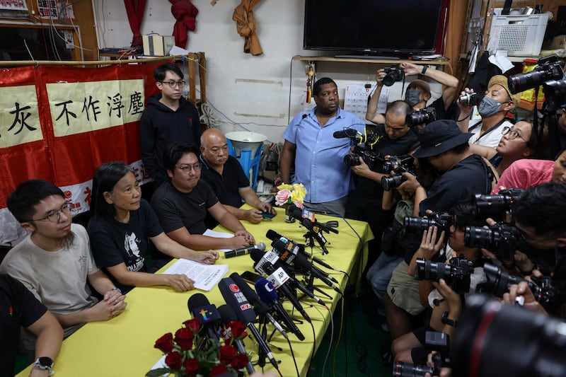 The press conference where Chan Po-ying, Chair of Hong Kong’s League of Social Democrats, along with party members Jimmy Sham, Raphael Wong, and Figo Chan, announce the party’s dissolution in Hong Kong, June 29, 2025.