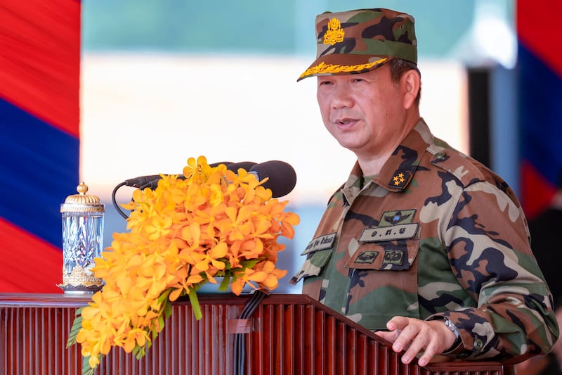 In this photo released by Agence Kampuchea Press, Cambodia’s Prime Minister Hun Manet speaks during a ceremony in northern Kampong Chhnang province, July 14, 2025.
