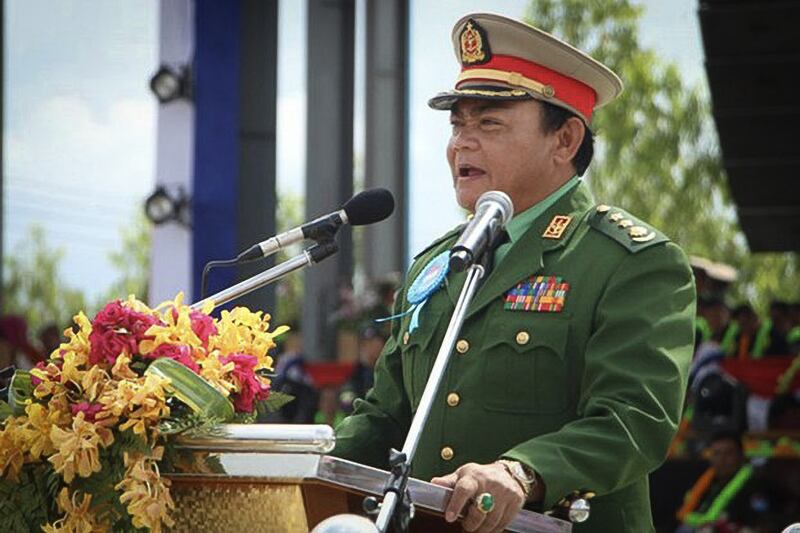 Saw Chit Thu, secretary general of the Kayin state Border Guard Force, gives a speech in Myanmar in an undated photo.